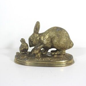 Vintage Brass Rabbit Mother Babies Bunny Brass Paperweight Office Decor